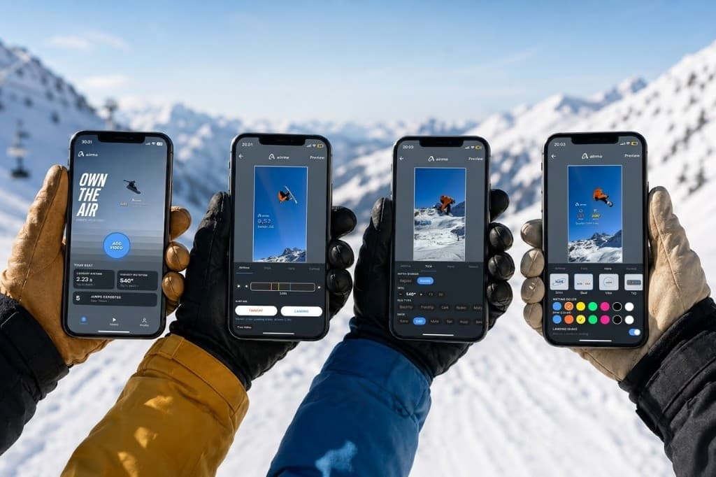 Airmo on four phones — Home, Airtime, Trick and Hero — held on the mountain